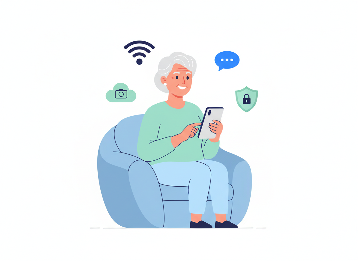 Friendly older adult confidently using a smartphone with simple technology symbols nearby.
