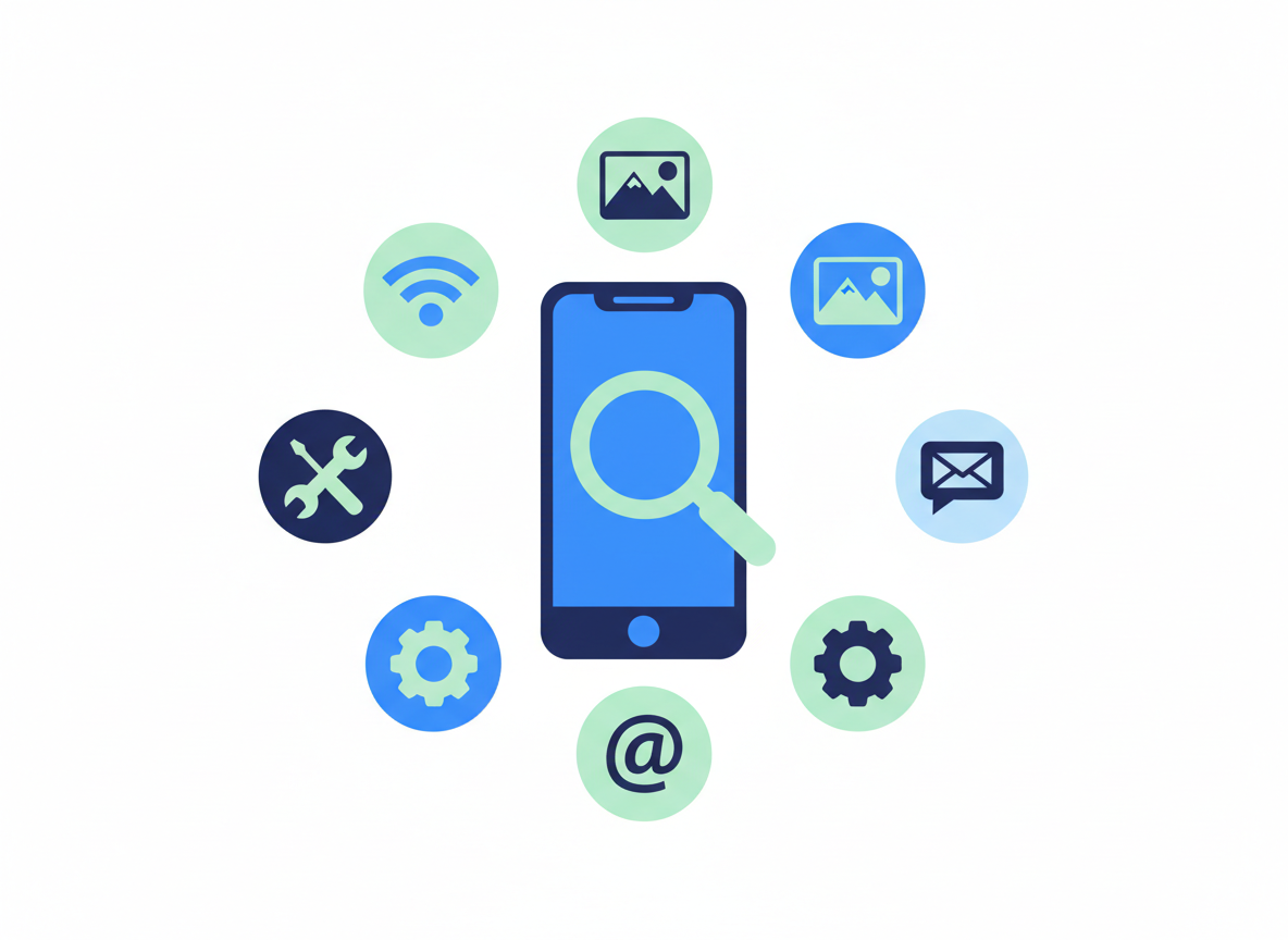Smartphone surrounded by simple icons for Wi-Fi, photos, messages, email, and troubleshooting.
